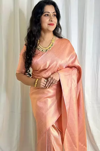 celebrity inspired peach woven pure art silk blend multicolor saree with unstitched blouse