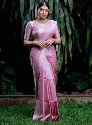  baby pink jacquard art silk all seasons saree with unstitched blouse 1