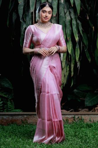bollywood baby pink jacquard art silk all seasons saree with unstitched blouse