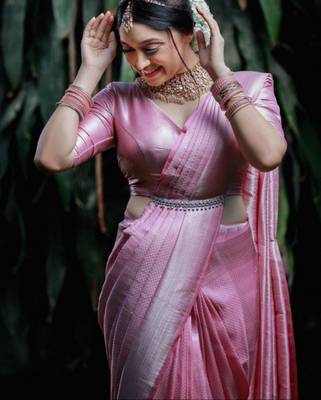  baby pink jacquard art silk all seasons saree with unstitched blouse 2