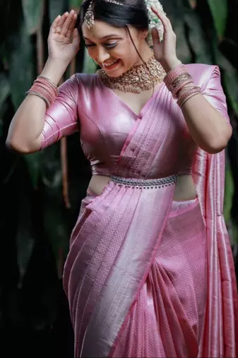  baby pink jacquard art silk all seasons saree with unstitched blouse