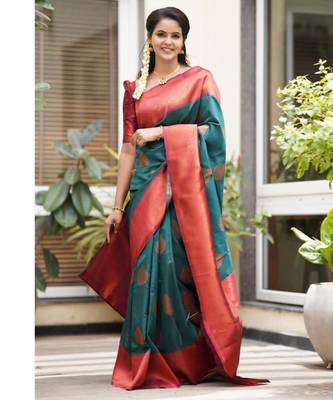 indian rama green resham thread pure art silk gift saree with unstitched blouse 1