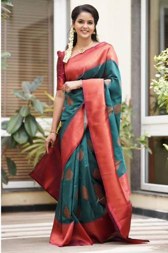 indian rama green resham thread pure art silk gift saree with unstitched blouse