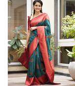 indian rama green resham thread pure art silk gift saree with unstitched blouse