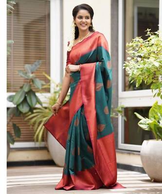 indian rama green resham thread pure art silk gift saree with unstitched blouse 4