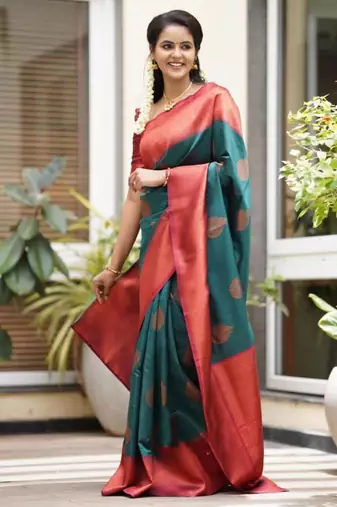 indian rama green resham thread pure art silk gift saree with unstitched blouse