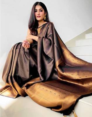 kanjivaram black resham thread silk cotton saree with unstitched blouse 2