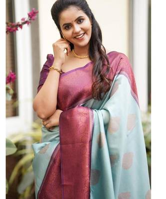 ethnic sky blue self design art silk all seasons saree with unstitched blouse 2