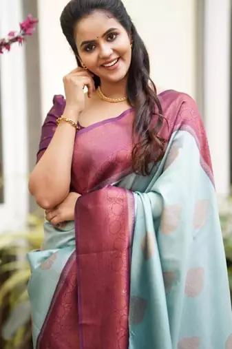 ethnic sky blue self design art silk all seasons saree with unstitched blouse
