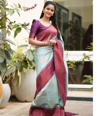 ethnic sky blue self design art silk all seasons saree with unstitched blouse 1