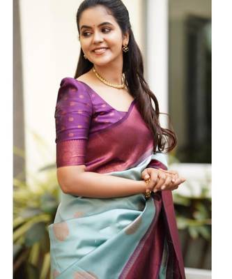 ethnic sky blue self design art silk all seasons saree with unstitched blouse 3