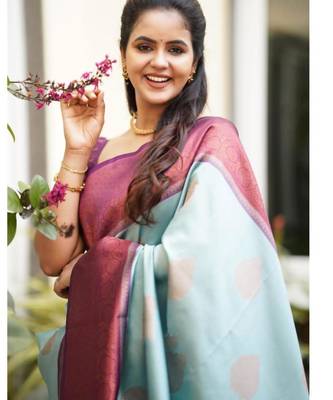 ethnic sky blue self design art silk all seasons saree with unstitched blouse 4