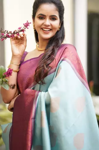 ethnic sky blue self design art silk all seasons saree with unstitched blouse