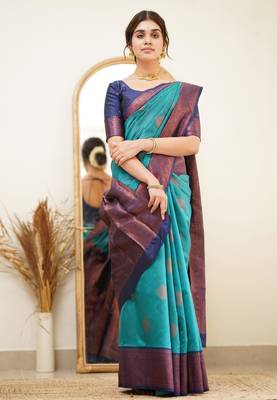 jacquard rama green jacquard art art silk fancy saree with unstitched blouse 1