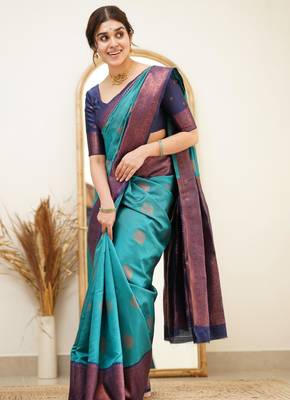 jacquard rama green jacquard art art silk fancy saree with unstitched blouse 2