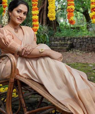 pure cream self design art silk gift saree with unstitched blouse 1