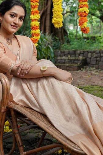 pure cream  self design art silk gift saree with unstitched blouse