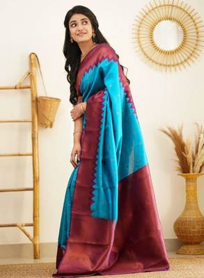 indian rama green resham thread silk cotton saree with unstitched blouse 1