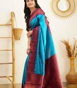 indian rama green resham thread silk cotton bollywood saree with unstitched blouse