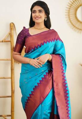 indian rama green resham thread silk cotton saree with unstitched blouse 2