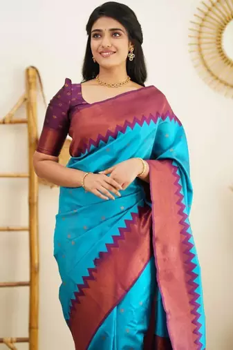 indian rama green resham thread silk cotton saree with unstitched blouse
