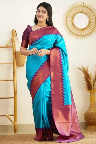 indian rama green resham thread silk cotton saree with unstitched blouse