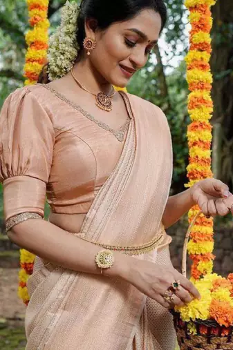 pure cream self design art silk gift saree with unstitched blouse