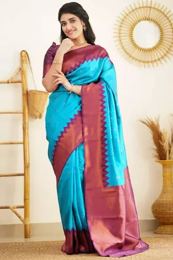 indian rama green resham thread silk cotton saree with unstitched blouse
