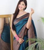 trendy rama green woven pure art silk blend multicolor saree with unstitched blouse