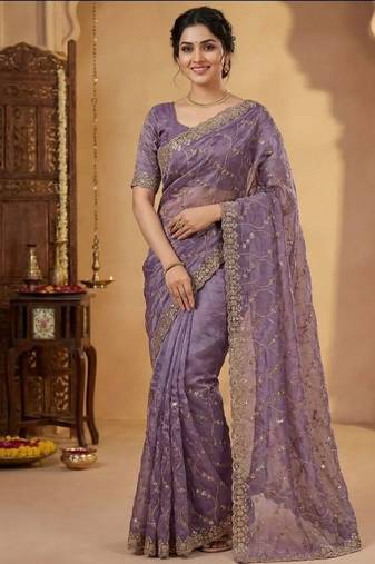 Lavendar Color Sequence Embroidery Work With Cut Work Border Silk Saree