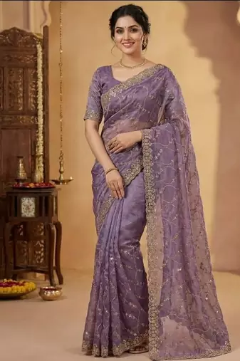 Lavendar Color Sequence Embroidery Work With Cut Work Border Silk Saree