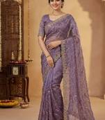 Lavendar Color Sequence Embroidery Work With Cut Work Border Silk Saree