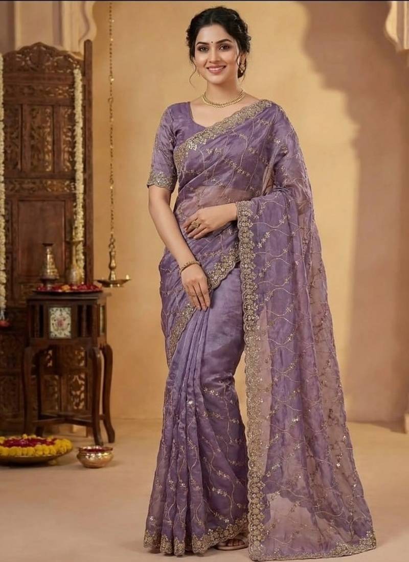 Lavendar Color Sequence Embroidery Work With Cut Work Border Silk Saree