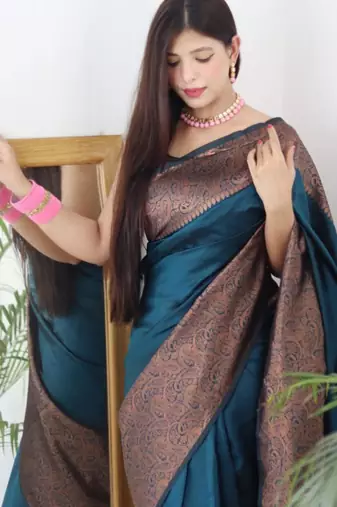  rama green woven pure art silk blend multicolor saree with unstitched blouse