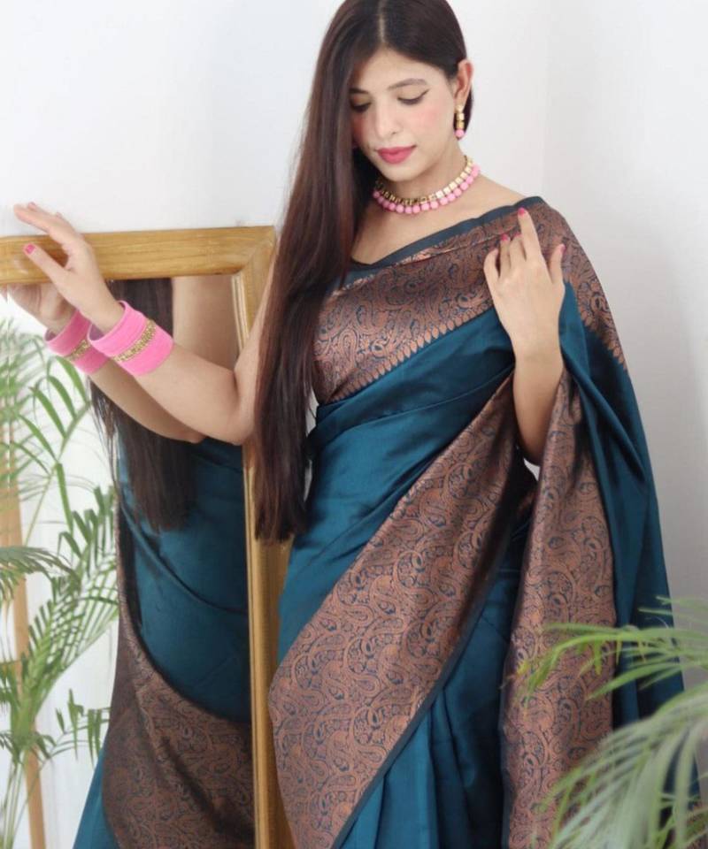 trendy rama green woven pure art silk blend multicolor saree with unstitched blouse