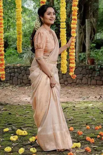 pure cream self design art silk gift saree with unstitched blouse