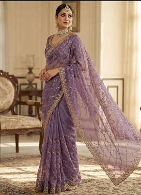 Lavendar Color Sequence Embroidery Work With Cut Work Border art silk saree 2