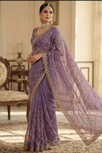 Lavendar Color Sequence Embroidery Work With Cut Work Border art silk saree