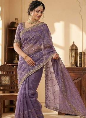 Lavendar Color Sequence Embroidery Work With Cut Work Border art silk saree 3