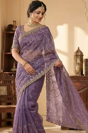 Lavendar Color Sequence Embroidery Work With Cut Work Border art silk saree