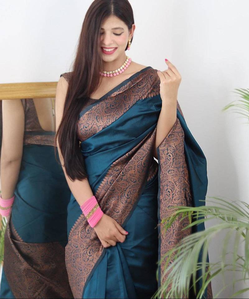 trendy rama green woven pure art silk blend multicolor saree with unstitched blouse