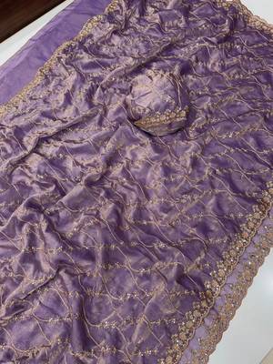 Lavendar Color Sequence Embroidery Work With Cut Work Border art silk saree 4