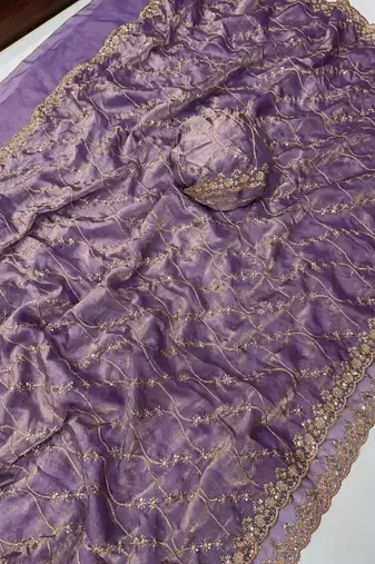 Lavendar Color Sequence Embroidery Work With Cut Work Border art silk saree