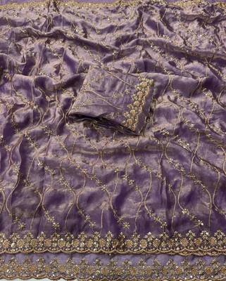 Lavendar Color Sequence Embroidery Work With Cut Work Border art silk saree 5