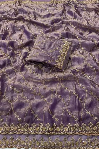 Lavendar Color Sequence Embroidery Work With Cut Work Border art silk saree