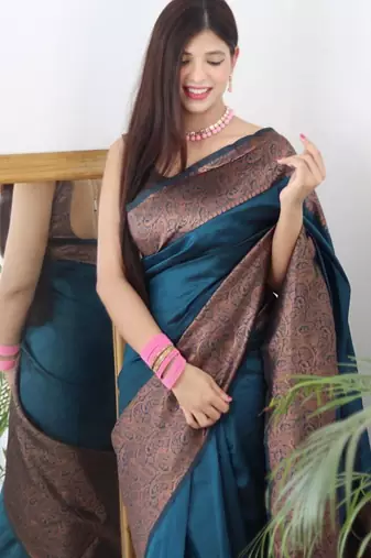  rama green woven pure art silk blend multicolor saree with unstitched blouse