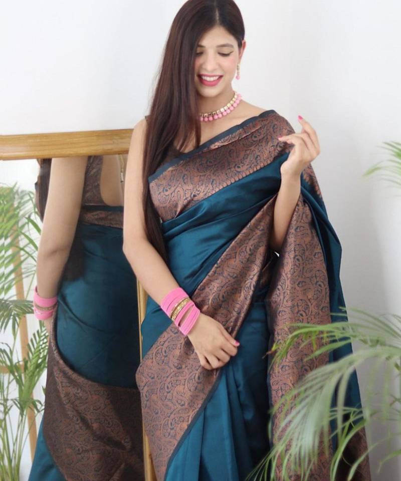 trendy rama green woven pure art silk blend multicolor saree with unstitched blouse