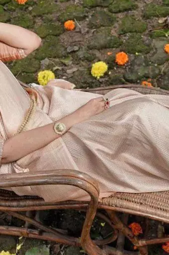pure cream self design art silk gift saree with unstitched blouse