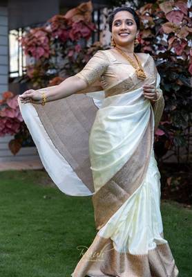 light weight cream resham thread cotton silk kerala saree with unstitched blouse 1