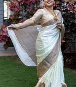 light weight cream resham thread cotton silk kerala saree with unstitched blouse